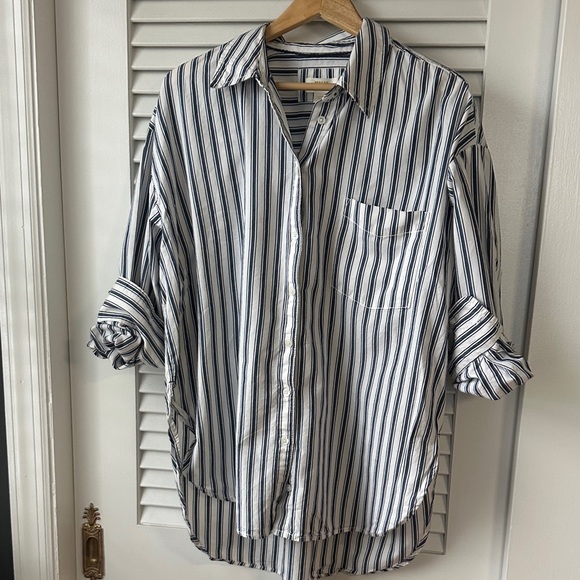 Maeve Tops - Maeve by Anthropologie -Navy Blue and White Striped Button Down Shirt